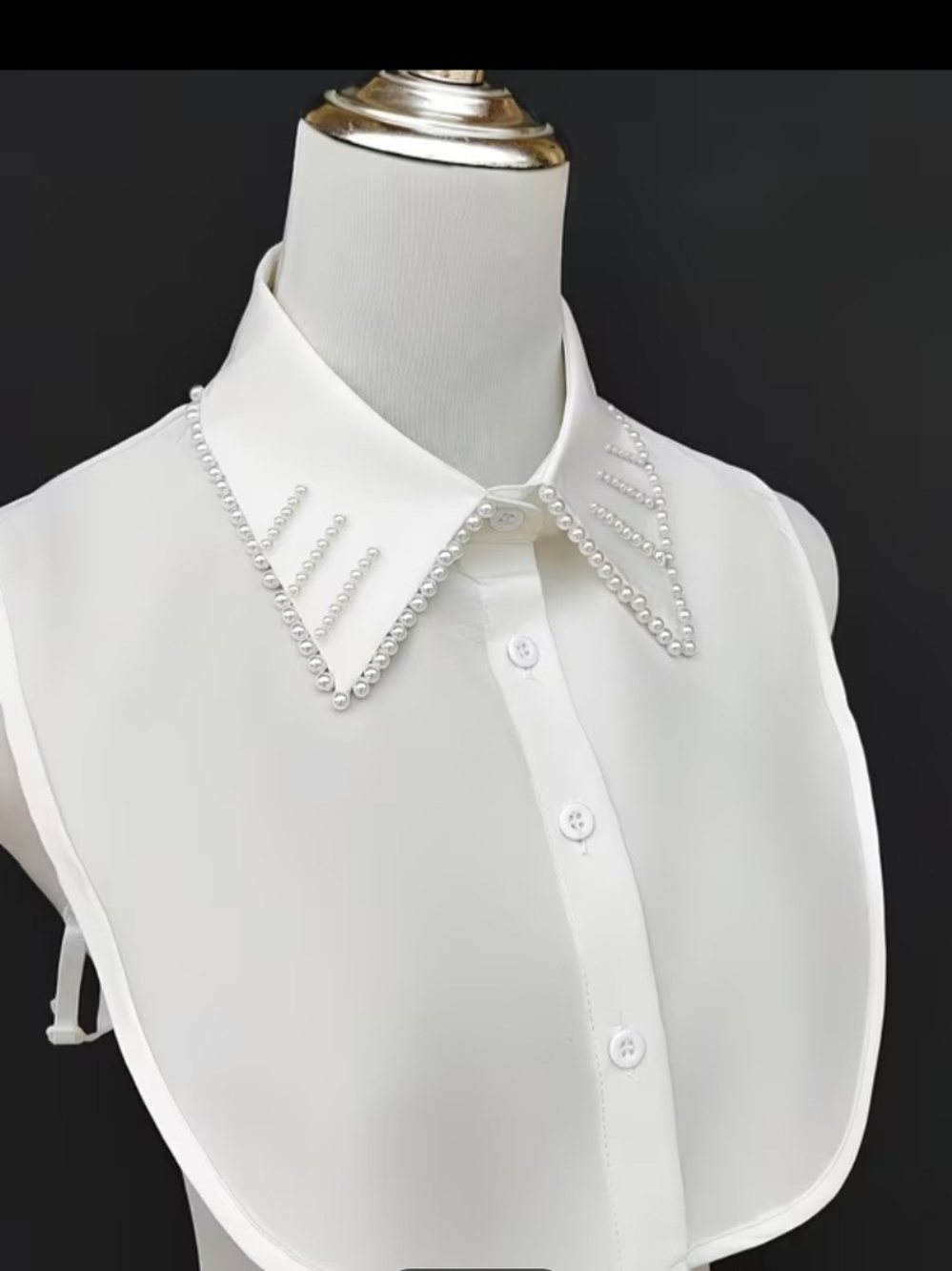 Pearl-Trim Faux Shirt Collar Bib — White
